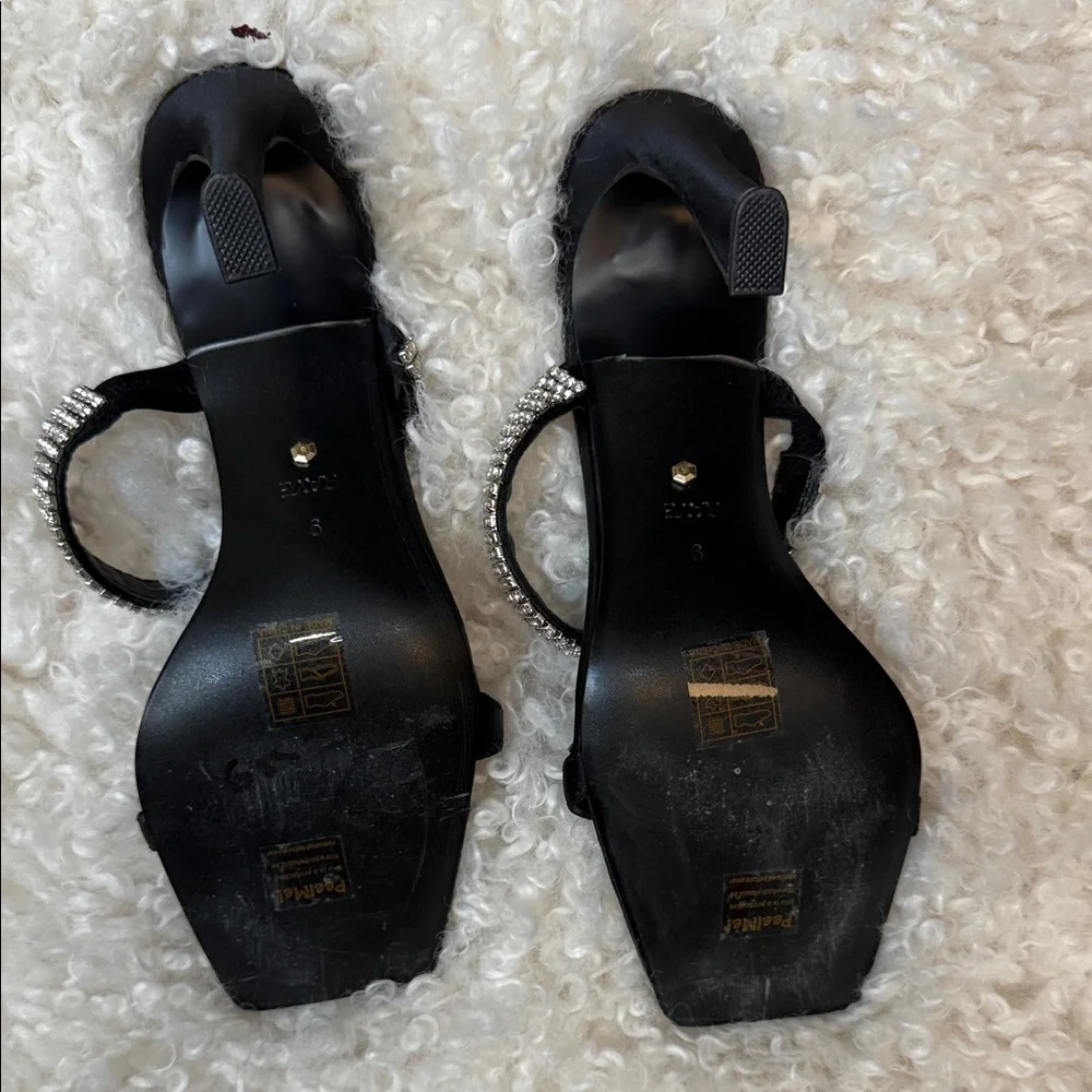 🪣🧽 RAYE Artemis Heel Open-Toed Black Satin Heels with Crystal Strap Size 9 - Picture 5 of 8